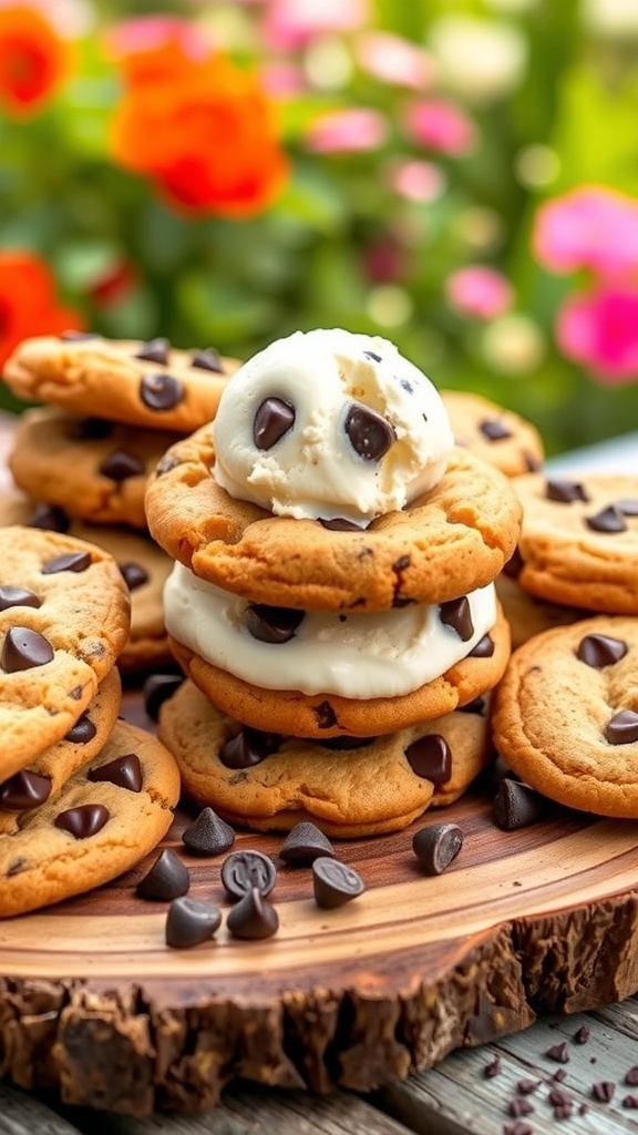 Chocolate chip cookie ice cream sandwiches on a wooden platter with cookies and chocolate chips.